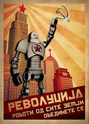 an old propaganda poster with a robot holding up a hammer and stars in the background