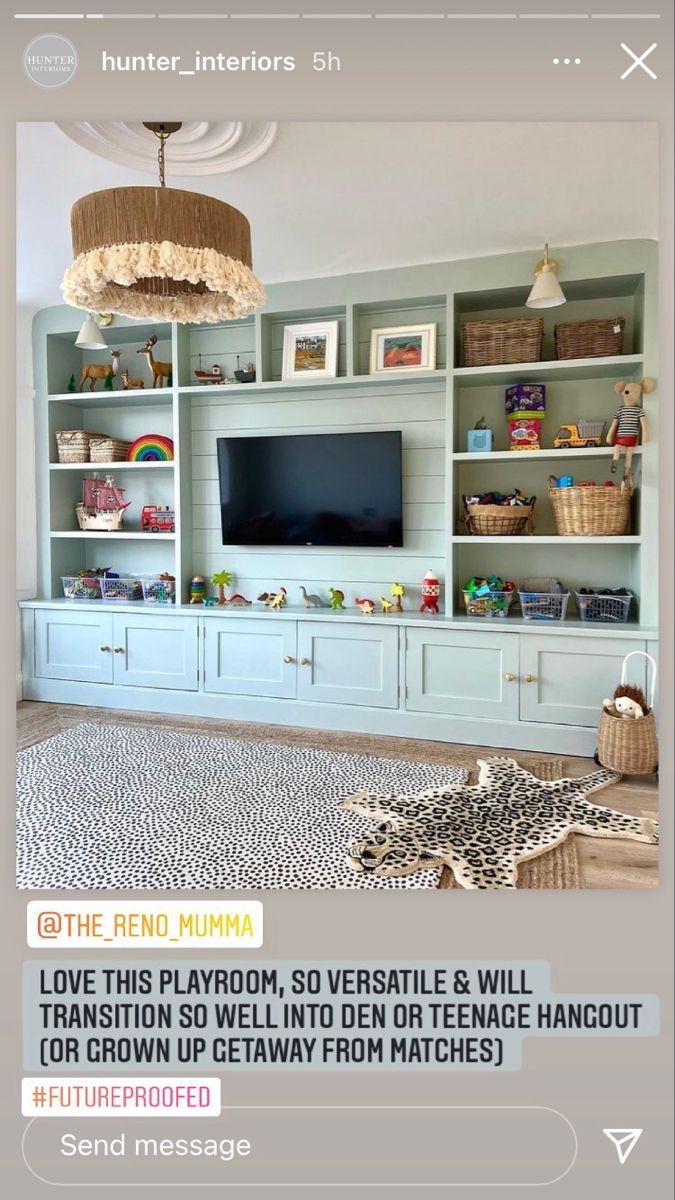 the living room is decorated in blue and white with lots of bookshelves on it