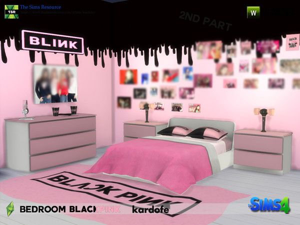 the bedroom is decorated in pink and black