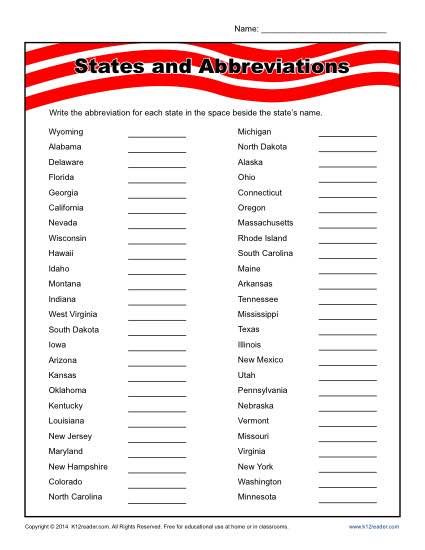 the states and abbreviations worksheet is shown in red, white, and blue