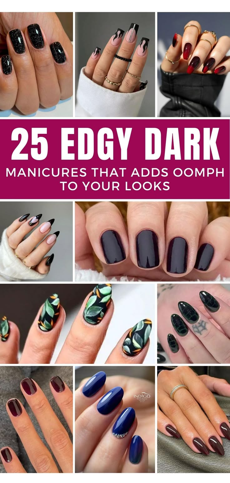 Save this pin for 25 mesmerizing dark nail ideas to unleash your inner gothic glam. Elevate your nail game and make a bold statement with these edgy designs. #DarkNails #GothicGlam #NailArtInspo Nail Arrow Design, Edgy Manicure Ideas, Night Out Nails Ideas, Dark Coloured Nails Designs, Almond Dark Nails Designs, Shiny Matte Nails, Dark Nails With Accent Nail, Grunge Nail Colors, Edgy Simple Nails