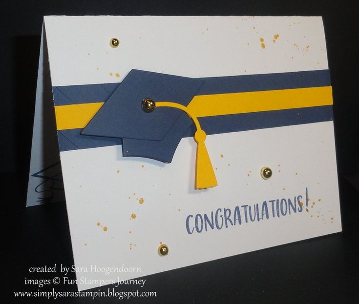 congratulations card with blue and yellow graduation cap on it's side, that says congratulations