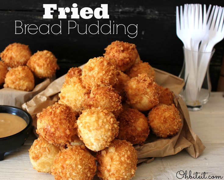 fried bread puddings are piled on top of each other and ready to be eaten