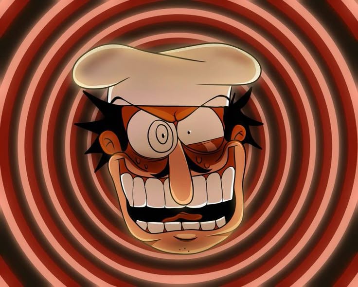 an animated image of a chef skull in the center of a spiral pattern with red and black stripes