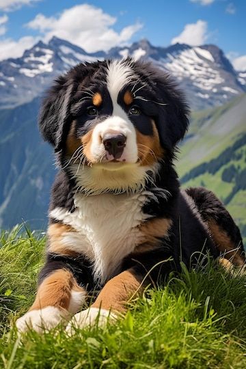 a dog sitting in the grass with mountains in the background