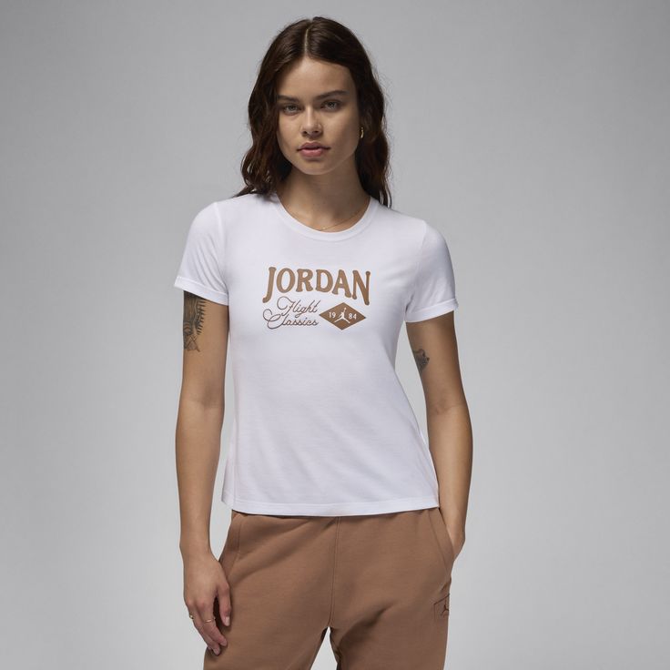 As classic as cassette tapes, this tee has a tailored fit and heritage Jordan branding for easy styling. Its single knit jersey feels soft with just the right amount of stretch. Jordan T Shirt, Buy Jordans, Jordans Women, Women Lifestyle, Cassette Tapes, Brown Fashion, Knit Jersey, Light Brown, Gender Female