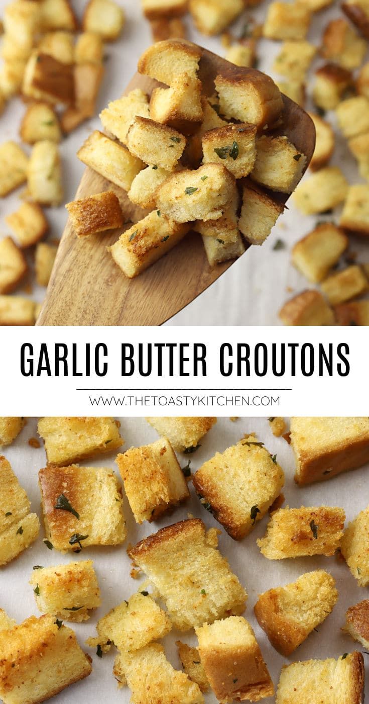 garlic butter croutons on a wooden spoon with text overlay that reads garlic butter croutons