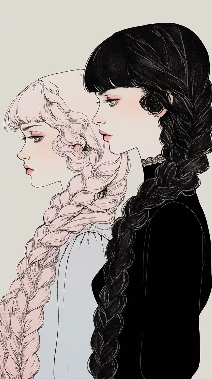 two women with long hair and braids are facing each other