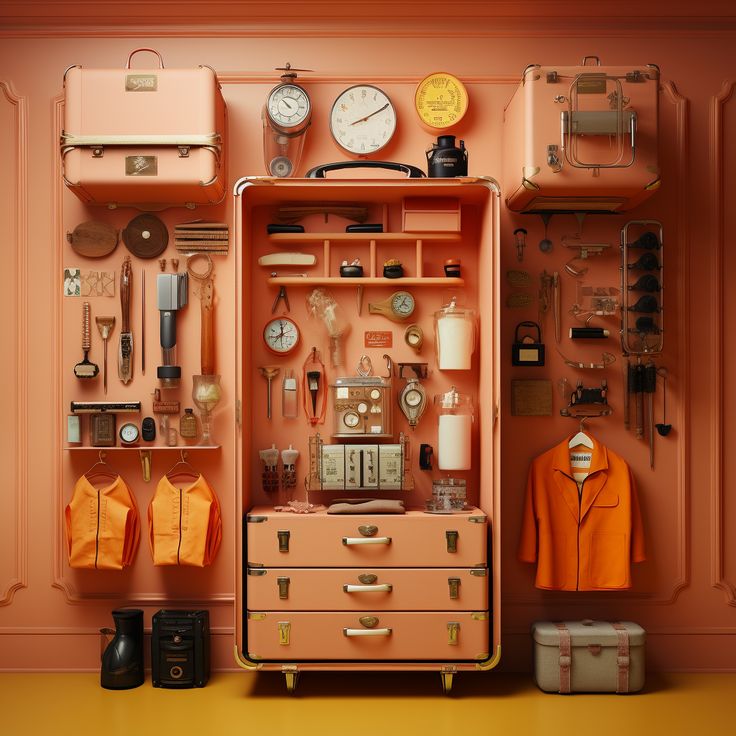 an orange cabinet filled with lots of different items