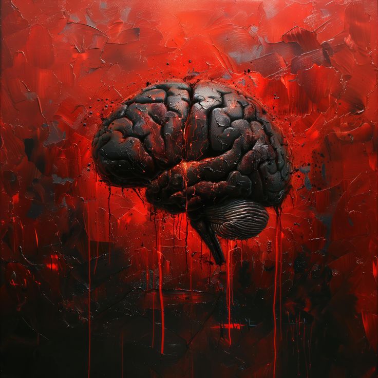 a painting of a brain with blood dripping from it