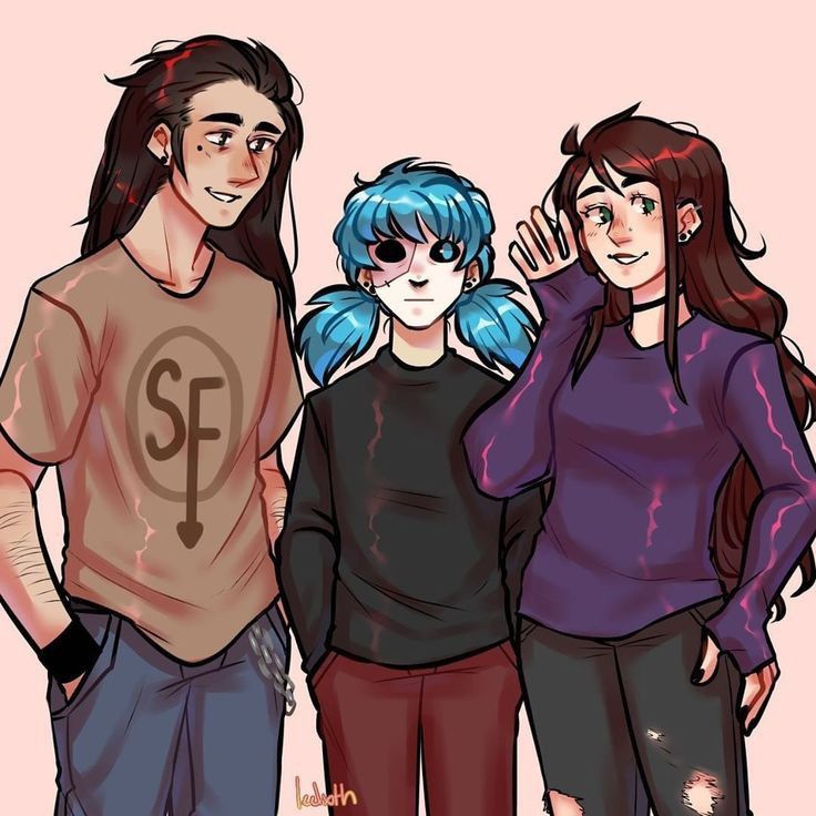 three people standing next to each other with their hands on their ears and one person has blue hair