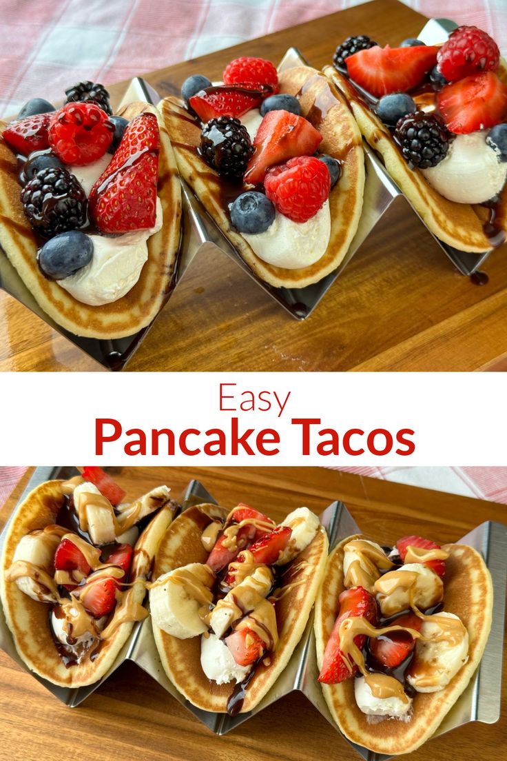 Collage of pancake tacos Breakfast Tacos Pancake, Taco Pancakes Recipe, Breakfast Tacos With Pancakes, Pancake Taco Recipe, Simple Summer Breakfast Ideas, Cool Pancake Ideas, Breakfast Tacos Bar, Fruit Tacos Recipes, Waffle Breakfast Ideas Brunch