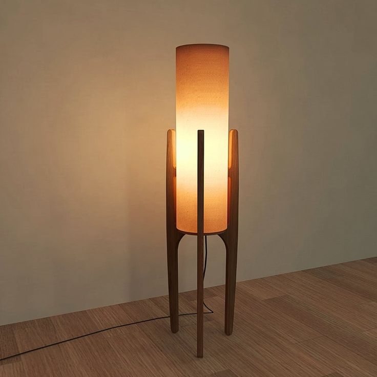 a lamp that is on top of a wooden floor next to a white wall and wood floor