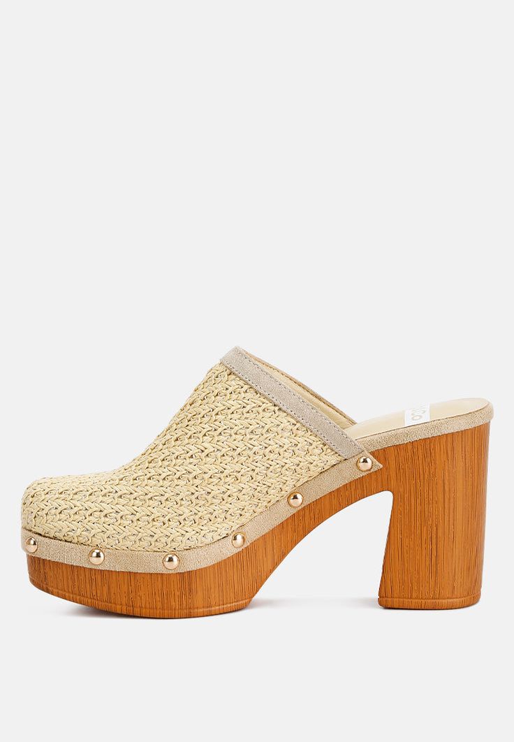 Sophisticated elegance and intricate craftsmanship! The raffia clogs are a classy yet rugged pair of shoes with woven detail on the vamp. The metallic studs add a touch of elegance to the design while the light cushion insoles cut strain and offer comfort to the feet. Type: Clogs Upper Material: Raffia Light Cushion Insoles Outer Sole: Pleather High Platform Block Heel Closed Round Toe Woven Vamp Textured Heel Stud Embellishments Slip On Style RCSH4740 Summer Boots, Platform Clogs, Platform Block Heels, Women Men Shoes, Card Bag, The Vamps, Pump Sandals, Party Fashion, Boot Shop