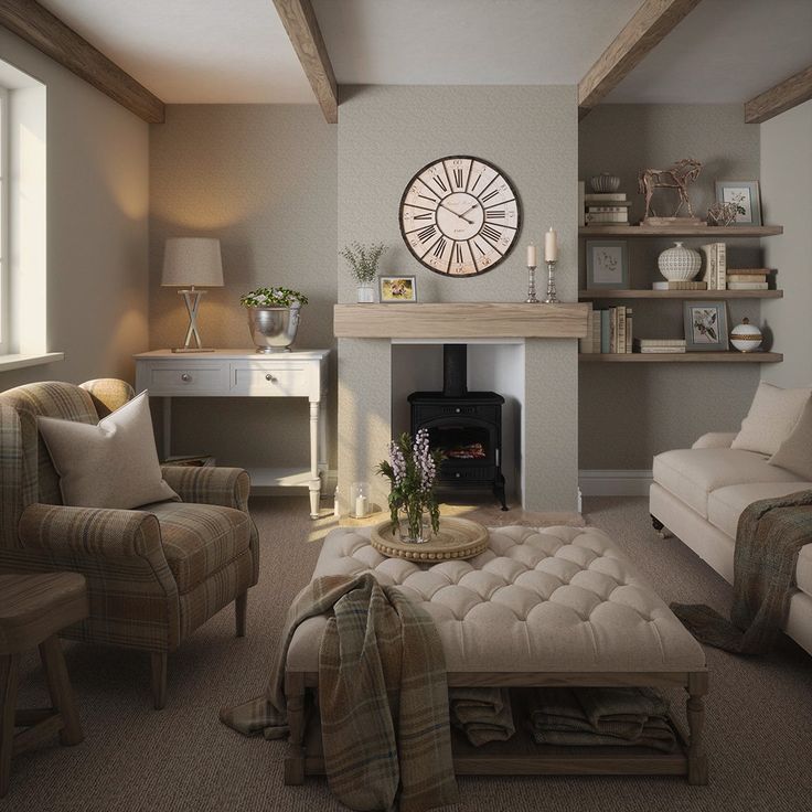 a living room filled with furniture and a clock on the wall over a fire place