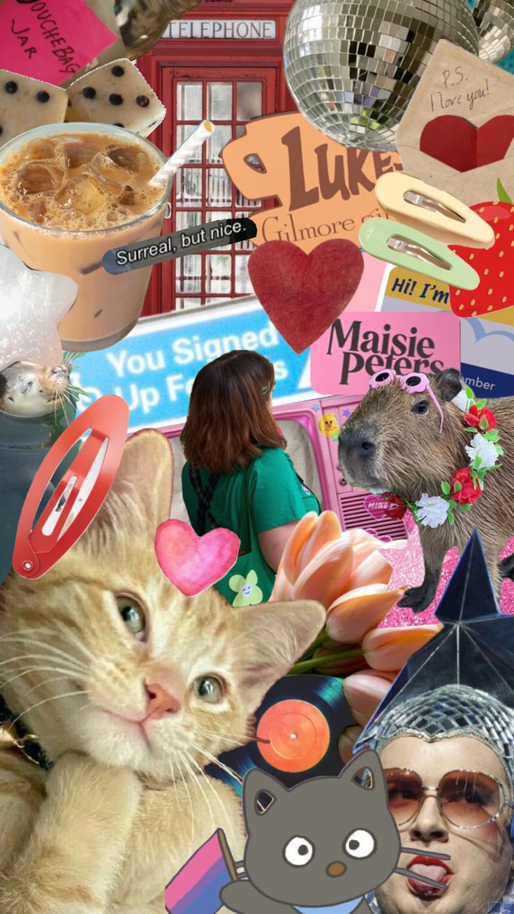 a collage of pictures with cats, people and food on them in the background