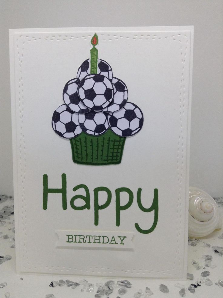 a birthday card with a cupcake and soccer balls on it's top, says happy birthday