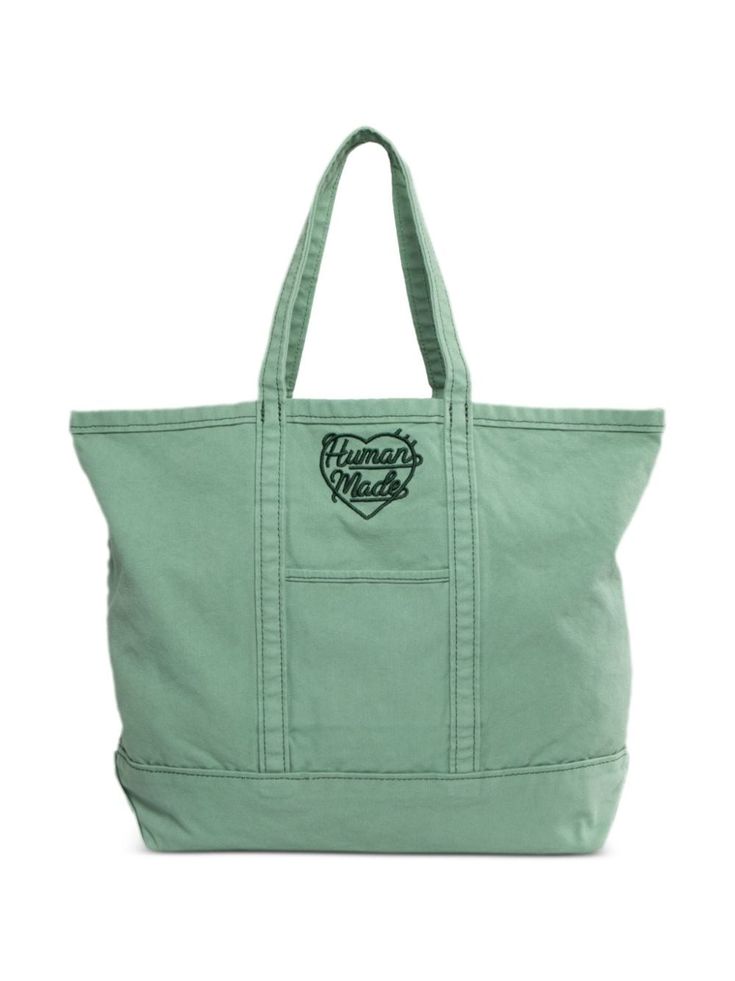 green cotton panelled design embroidered logo to the front two top handles main compartment open top square body Human Made, Office Bag, Square Body, Balenciaga Triple S, Cotton Tote Bag, Summer Beach Wear, Espadrille Shoes, Open Top, Party Shoes