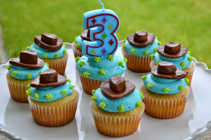 cupcakes with blue frosting and chocolate decorations on a plate