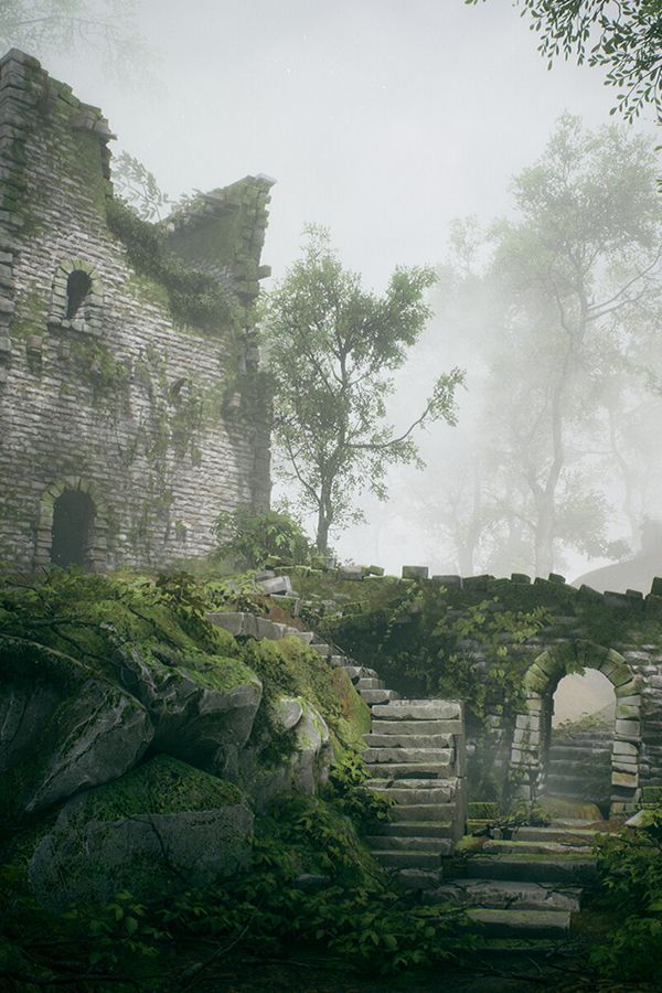 an old ruin in the middle of a forest with stairs leading up to it's entrance