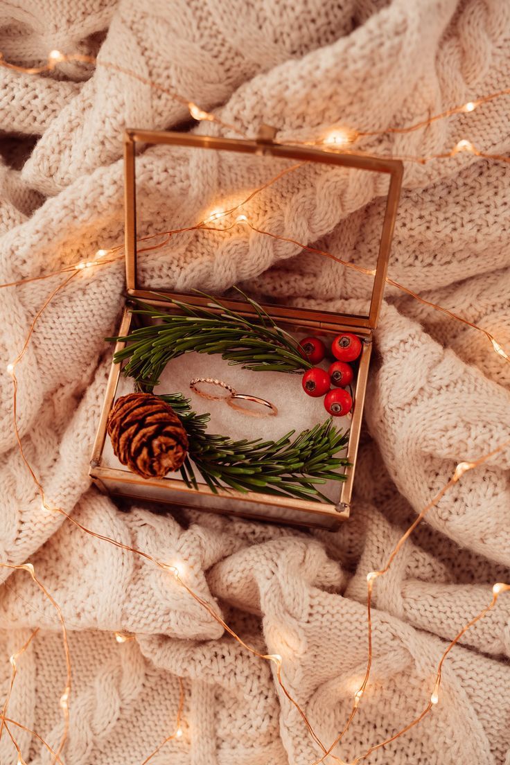 a christmas ornament in a box on a blanket with lights and pine cones