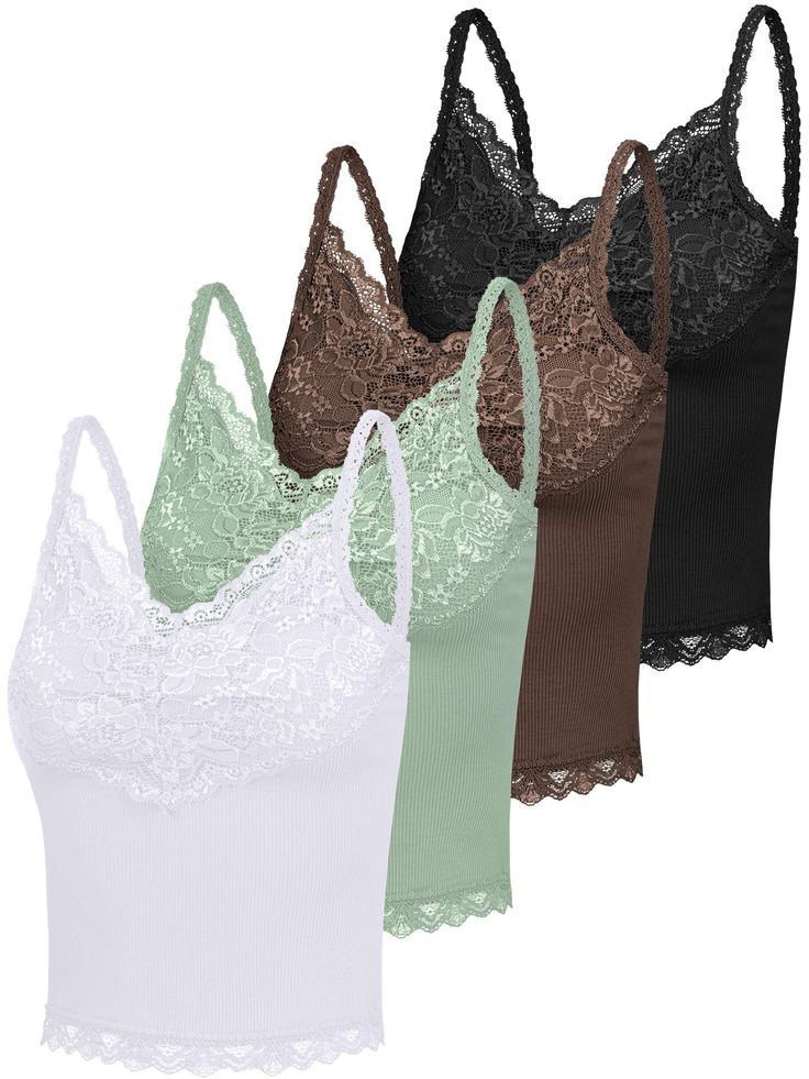 PRICES MAY VARY. Sufficient Quantity: you can get 4 pieces of lace trim tank tops for women in different colors, enough quantity to meet your daily wear and change, you can use them to match different clothes Delicate Design: camisole for women is designed with lace edges that are layered, pretty and elegant; The straps are adjustable and won't easily add burden to you Appropriate Size: this lace tank top is suitable for women and girls of different ages, comfortable for you to wear, please conf Rib Knit Crop Top, Lacy Tank Top, Undershirt Tank Top, White Lace Tank Top, Backless Tank Top, Lace Trim Tank Top, Long Tank Tops, Lace Trim Cami, Womens Camisoles