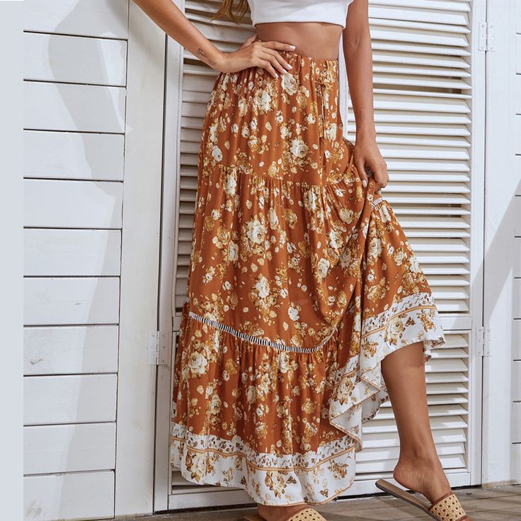 Elegant Floral Print Lining Skirts for Women Summer Skirt New Boho Lace-up Elastic Waist Cotton Swing Maxi Skirt Bohemian Non-stretch Maxi Skirt, Beach Tiered Skirt, Non-stretch Bohemian Flared Skirt, Non-stretch Bohemian Maxi Skirt, Non-stretch Tiered Skirt For Beach, Non-stretch Tiered Beach Skirt, Brown Bohemian Mini Skirt For Summer, Bohemian Brown Mini Skirt For Summer, Non-stretch Bohemian Tiered Skirt