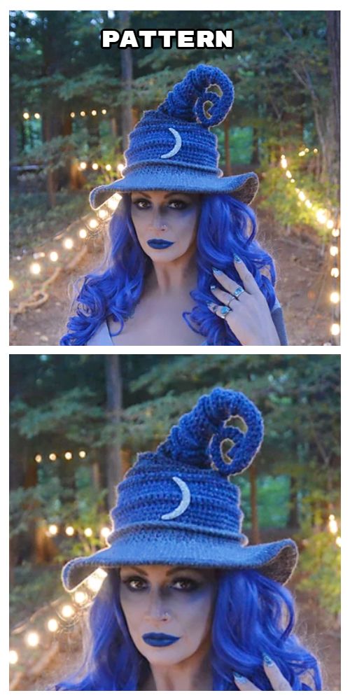 a woman with blue hair wearing a witches hat