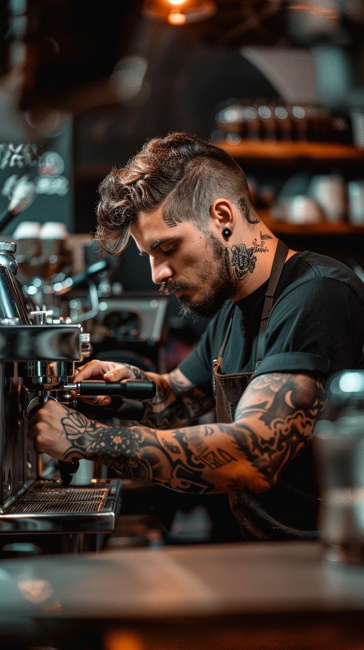 a man with tattoos working on an espresso machine