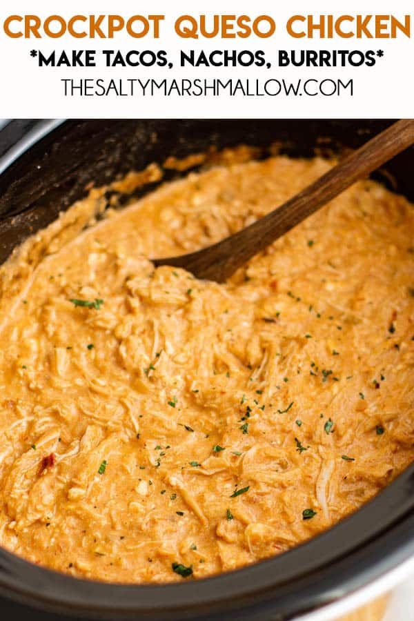 crockpot queso chicken in a slow cooker with text overlay