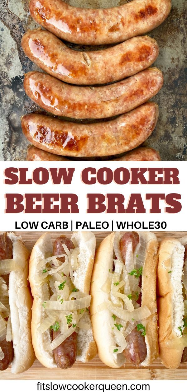 several sausages and hot dogs on buns with text overlay that reads slow cooker beer brats low carb pale whole