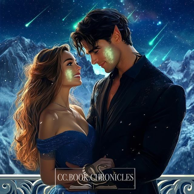 a man and woman standing next to each other in front of snow covered mountains with stars