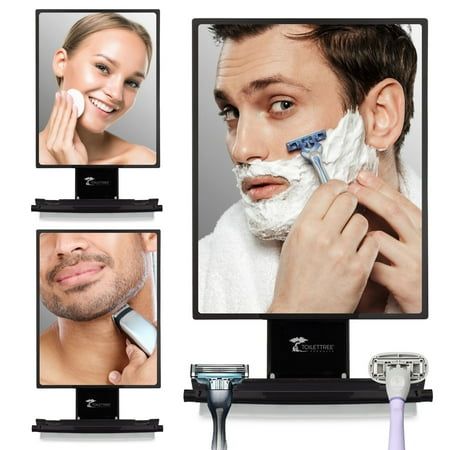 a man shaving his face in front of a mirror with three images on it