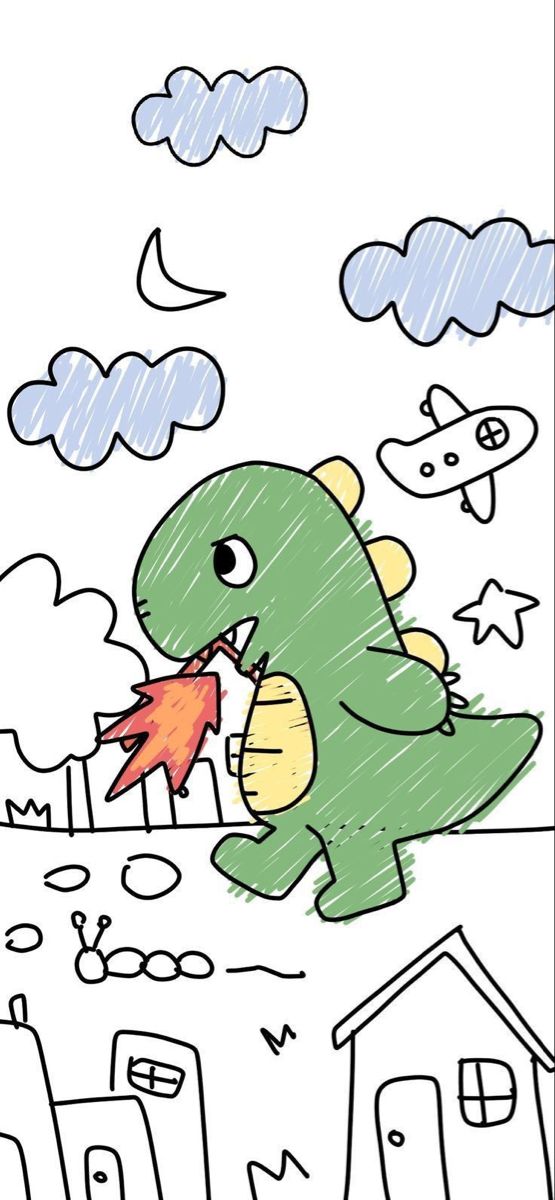 a drawing of a dinosaur eating a fish in front of some buildings and sky with clouds