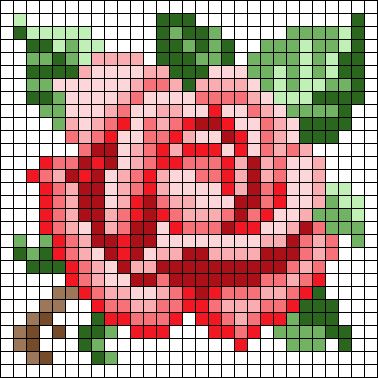 a cross stitch pattern with a red rose on the front and green leaves on the back