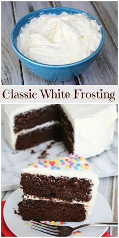 three different pictures of frosted cake with white frosting