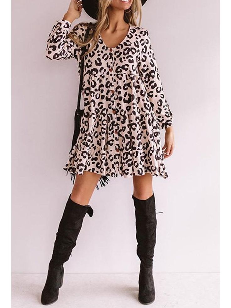 Chic Knee-length Leopard Print Mini Dress, Casual Leopard Print Mini Dress, Trendy Long Sleeve Leopard Print Dress, Leopard Print Long Sleeve Mini Dress For Fall, Long Sleeve Leopard Print Mini Dress For Fall, Fall Mini Dress For Brunch, Chic Long Sleeve Leopard Print Mini Dress, Chic Long Sleeve Leopard Print Dress, Chic Leopard Print Dress For Day Out