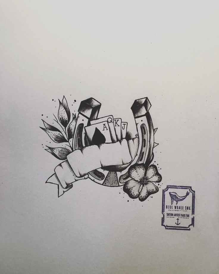 an ink drawing of a tattoo design with flowers and dices on it's side