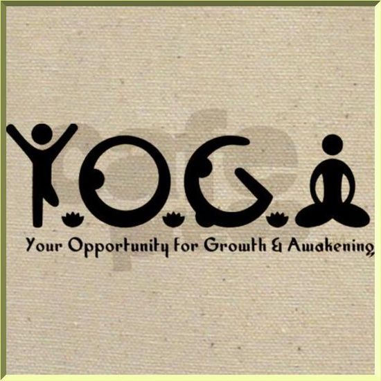 the logo for yoga is shown in black on a beige background with green trimming