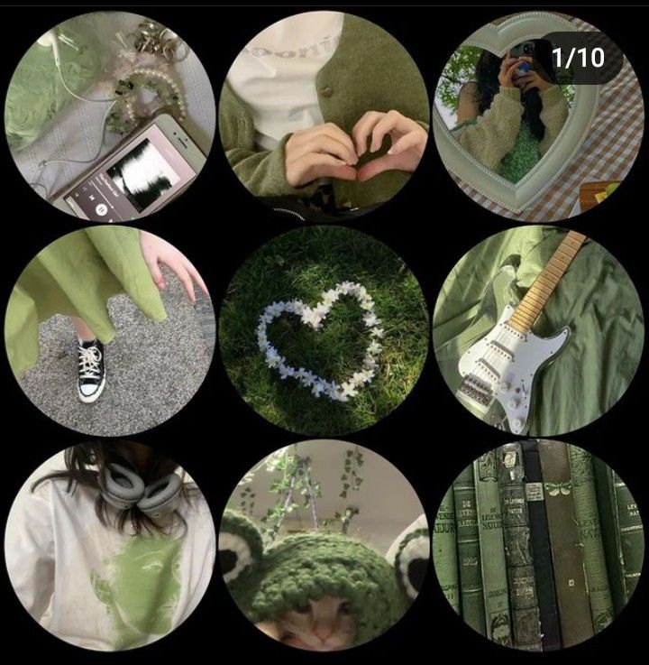 a collage of photos with green and white items in them, including a heart