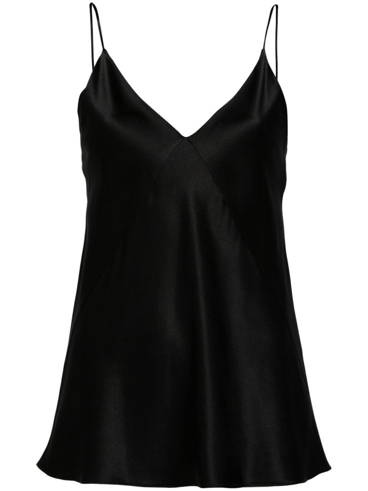 black silk satin finish V-neck spaghetti straps full lining straight hem Satin Spaghetti Strap Top, Black Camisole, Yoko London, Silk Tank Top, Spaghetti Strap Top, Fringe Skirt, Silk Tank, Hem Top, Silk Top