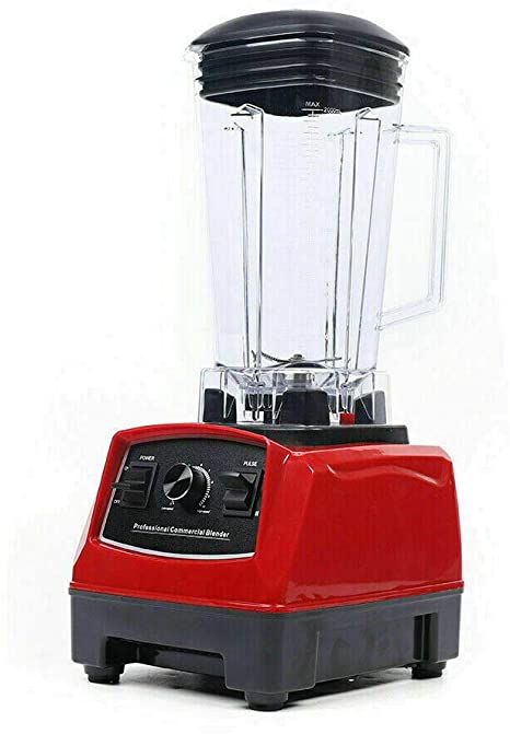 a red blender sitting on top of a white table