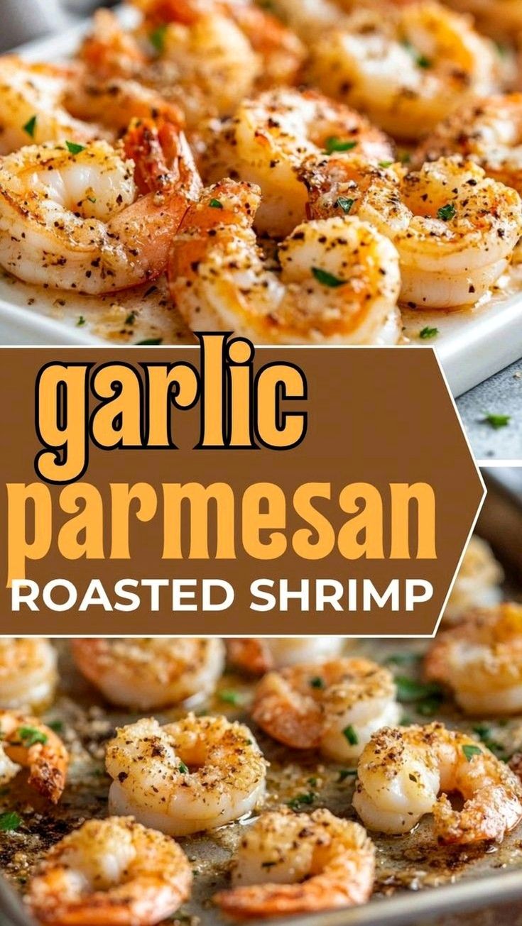 garlic parmesan roasted shrimp in a pan with the title overlay reading garlic parmesan roasted shrimp