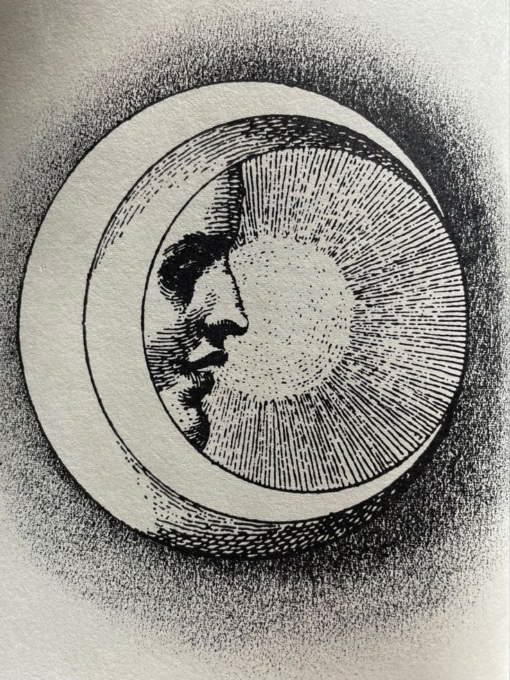 an ink drawing of a man's face in the moon