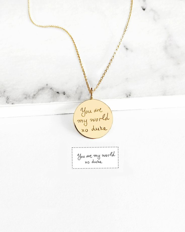 14mm 14K 9K Handwriting Charm Necklace, Personalized Handwritten Pendant, Engraved Disc Necklace, Custom Handwriting Jewelry, Solid gold layering necklace, BFF Gift, Gift for her, FREE EXPRESS SHIPPING Dainty solid gold disc charm necklace engraved with YOUR handwritten message. A personal and beautiful gift for every occasion! ------------------------------------------- D E T A I L S 14K Solid Gold or 9K Solid Gold Disc diameter: 14mm / approx. 0.55'' Personalized Handwriting - Both sides can b Engraved 14k Gold Charm Necklace For Anniversary, Gold Charm Necklaces With Engraving Option, 14k Gold Nameplate Necklace With Engraving Option, Gold Round Charm Necklaces With Engraving Option, Wedding Charm Necklace In 14k Gold Engraved, Gold Plated Engraved Necklaces For Personalized Gift, Personalized Engraved Gold-plated Necklaces, Personalized Engraved Gold-plated Necklace, Personalized Engraved Gold Plated Necklace