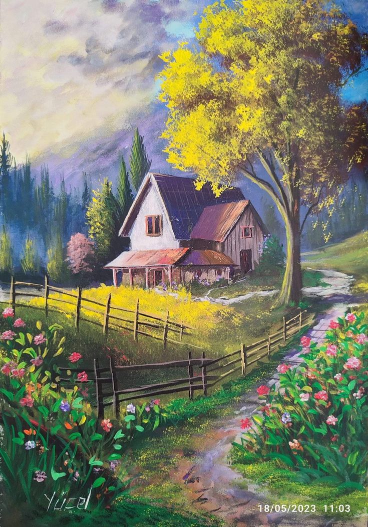 a painting of a house in the country with flowers on the ground and a path leading to it