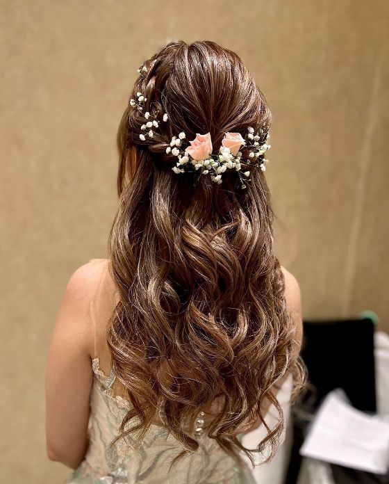 the back of a woman's head with flowers in her hair