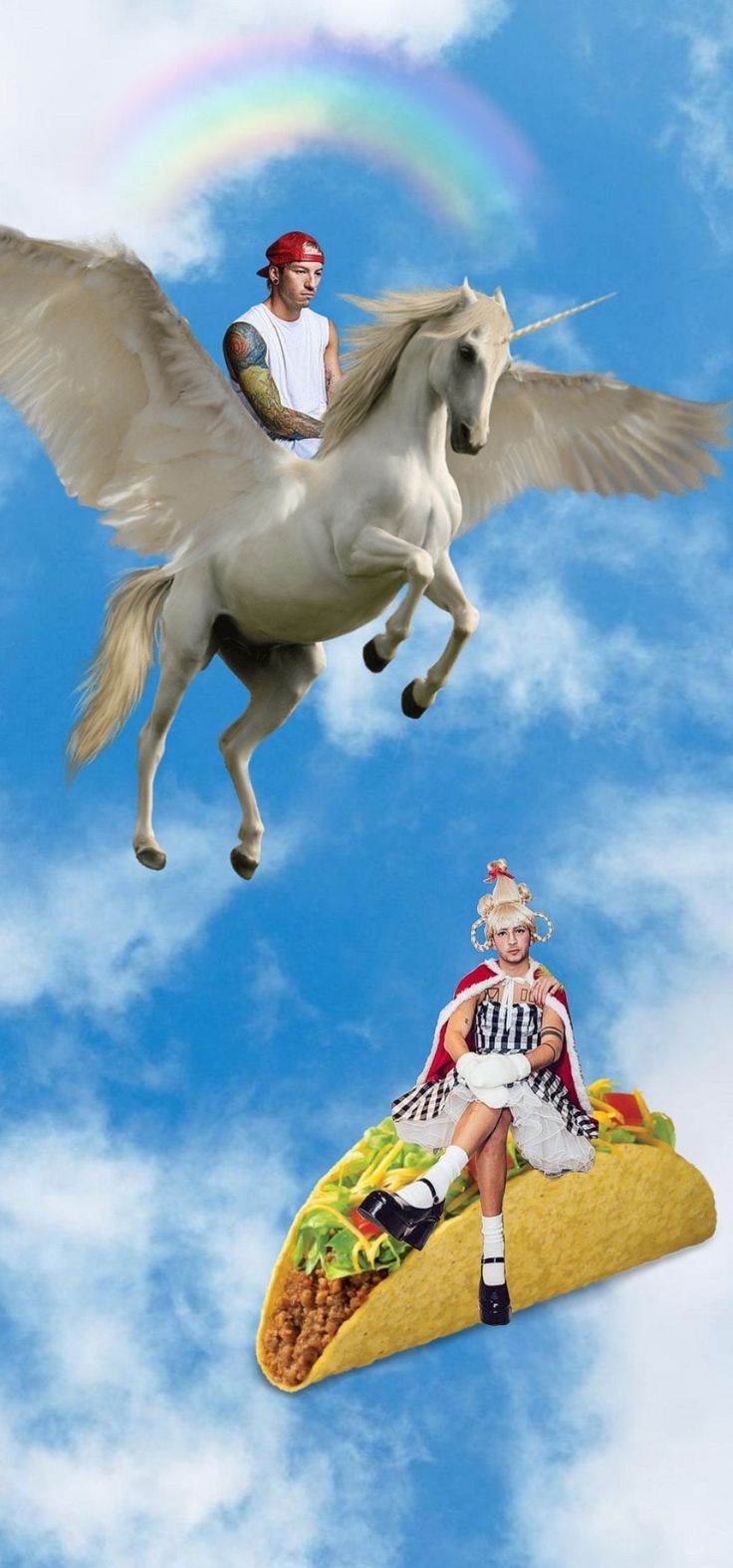 a man riding on the back of a white horse next to a taco in the sky