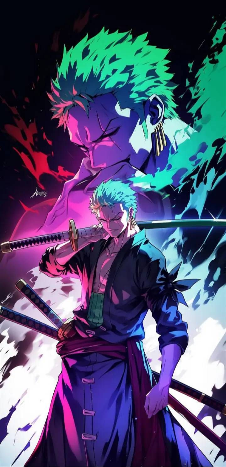 an anime character holding two swords in front of another character with green hair and blue eyes