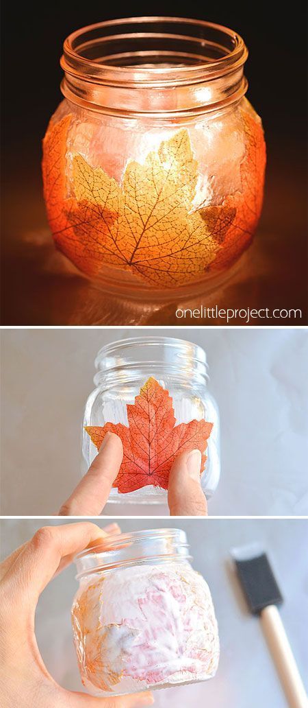 the leaves are being put in a glass jar to make it look like they have fallen